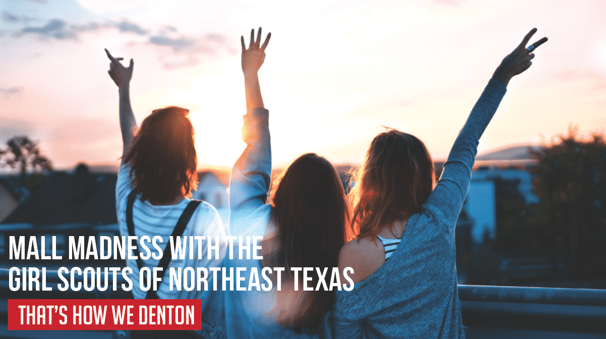 Three friends watching sunset, showing peace signs. Type: Mall Madness with the Girl Scouts of Northeast Texas. That's How We Denton.